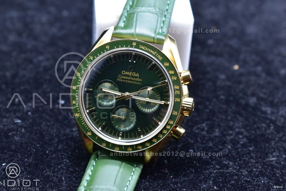 Gold Green Speedmaster Manual Green on Moonshine Strap Dial Edition RMF in Chrono YG Moonwatch Best Leather 0201